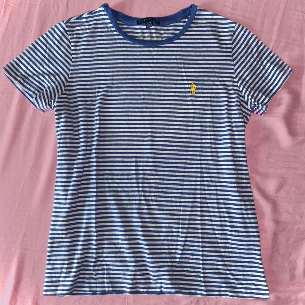 Blue White Striped Boyfriend Tee with Yellow Emblem by Ralph Lauren